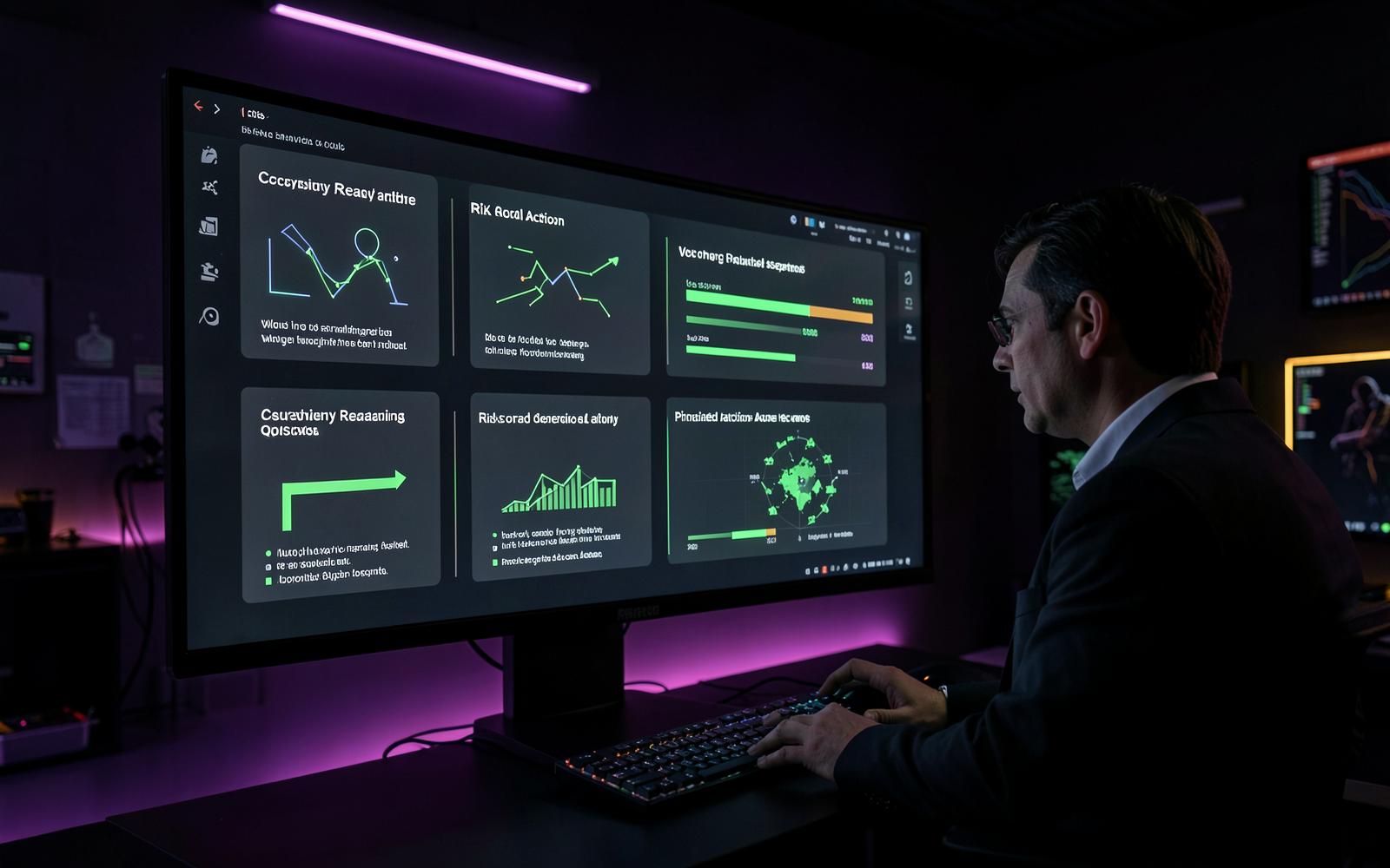 Cybersecurity analyst reviewing a readiness score and prioritized actions